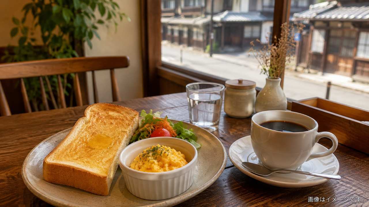 川越の朝カフェで木製テーブルに置かれたトースト、卵料理、コーヒーのモーニングセット