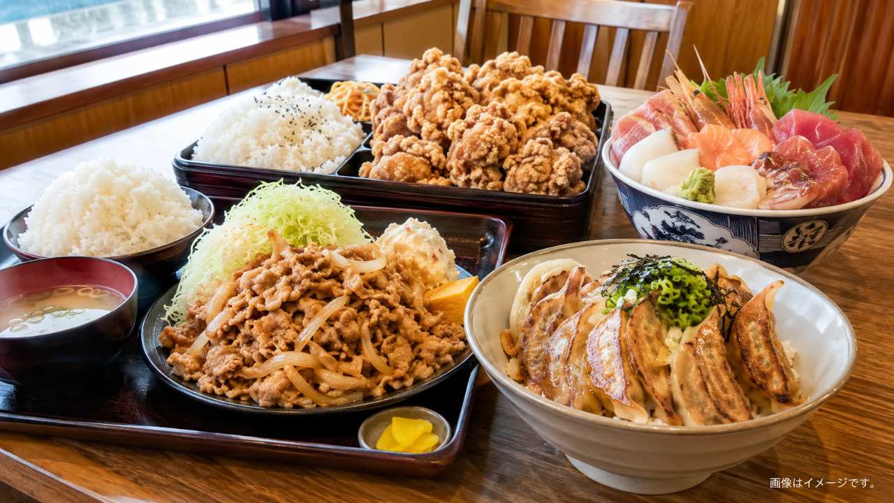 埼玉の安いデカ盛りグルメをテーマにしたブログ用アイキャッチ。大盛り定食、唐揚げ弁当、餃子丼、海鮮丼