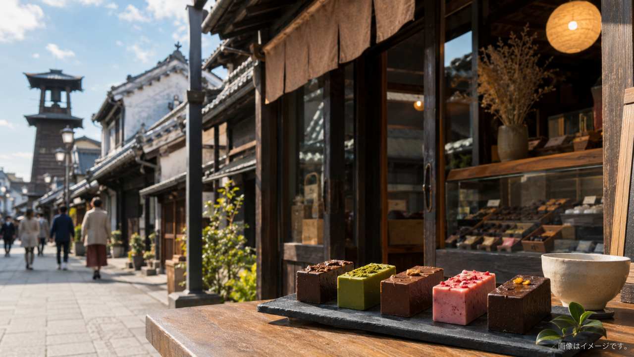 小江戸川越のレトロな街並みを背景に、上品なチョコレート専門店の外観と