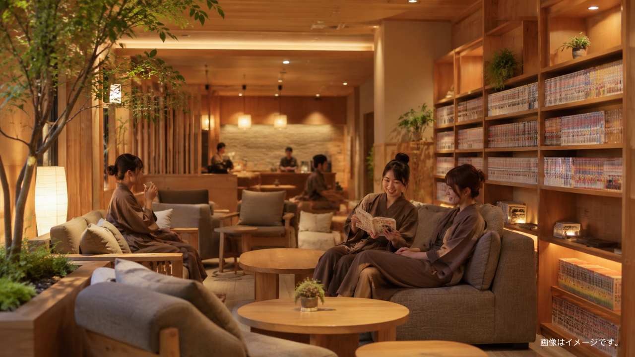 北欧風のおしゃれな温浴カフェで、木目調の休憩スペース