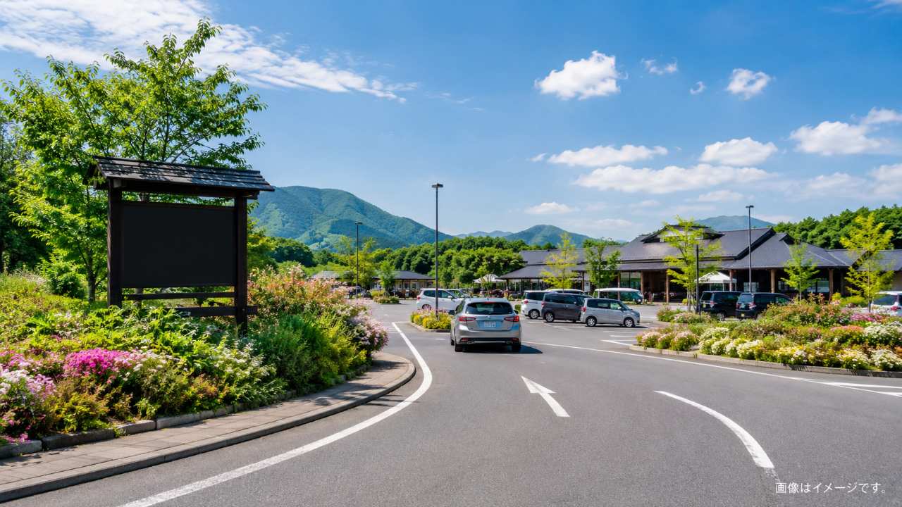 道の駅へ車で向かうアクセスをイメージした実写風写真