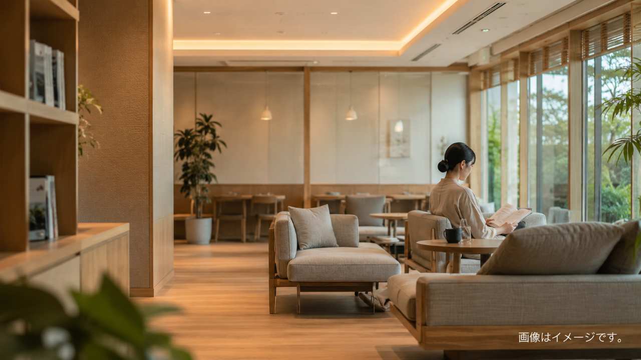 平日午前の静かな温浴カフェの休憩スペース