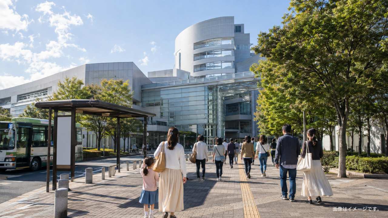 スキップシティへ向かう来館者とバス停