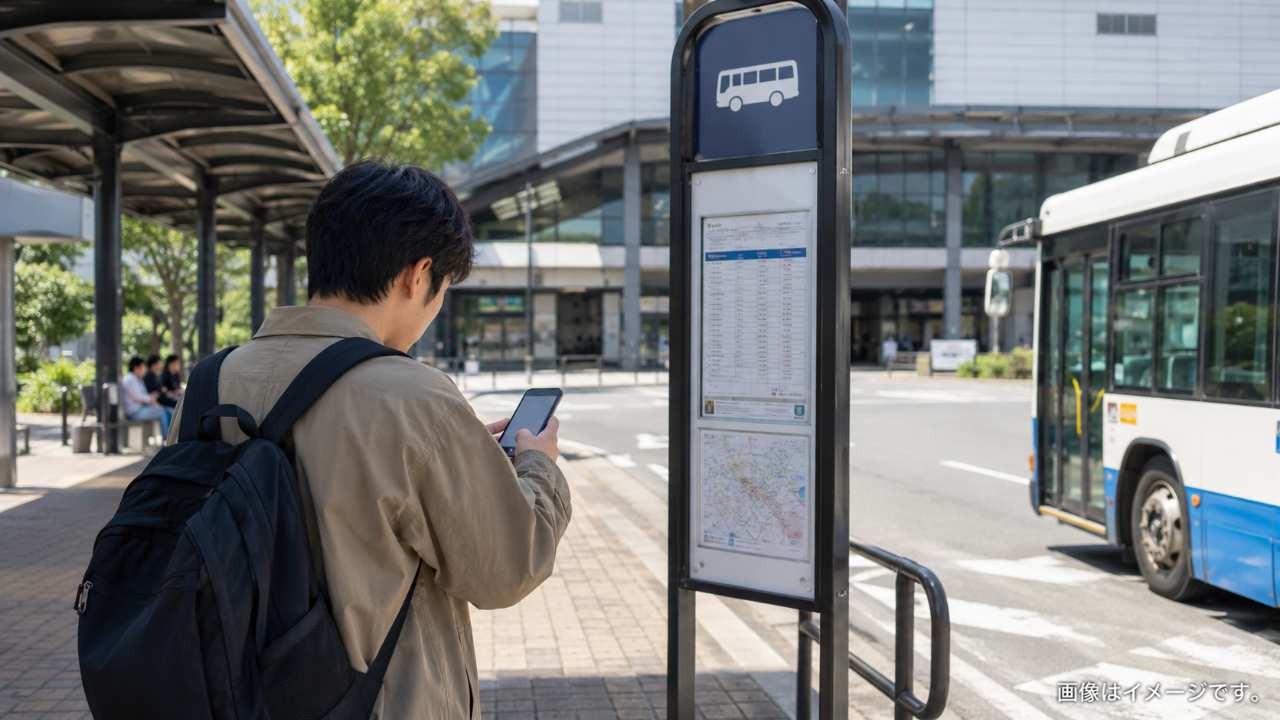 駅前のバス乗り場でスマートフォンの時刻表を確認する人