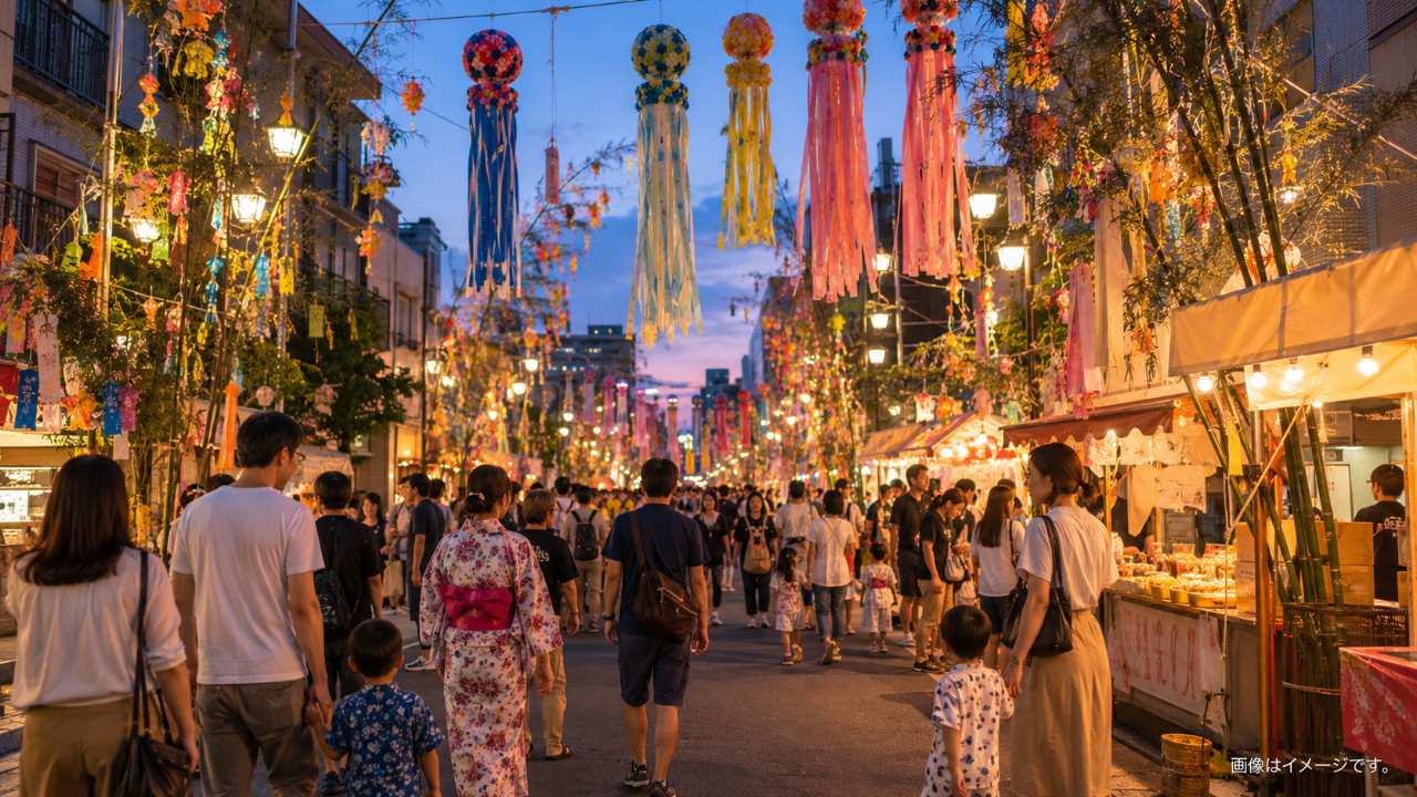 川口市の夏祭りをイメージした、商店街の通りに色鮮やかな七夕飾りと吹き流しが並び、屋台の灯りと人々