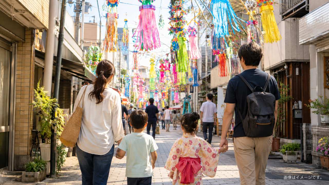 子連れで七夕祭りを楽しむ家族の後ろ姿