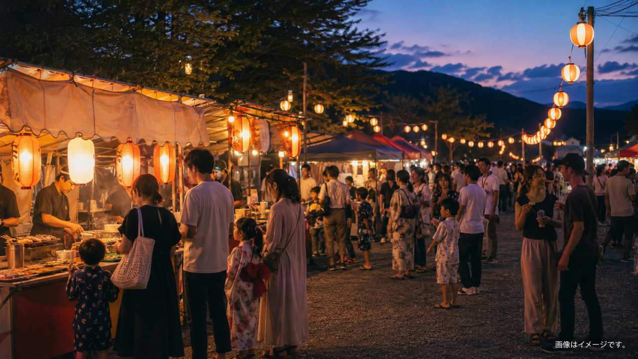 川口たたら祭りの屋台をテーマにしたブログ用アイキャッチ画像。夕方の祭り会場に屋台の明かり