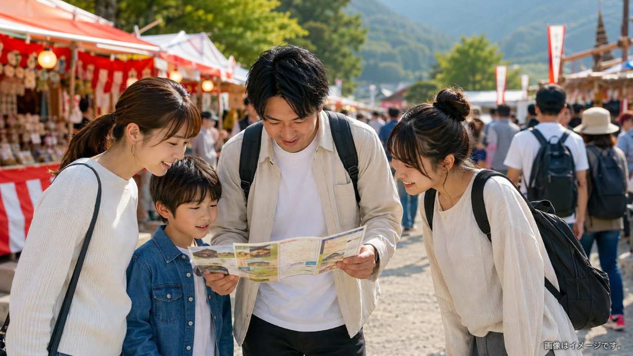 川口たたら祭りの会場で、来場者がパンフレットや会場マップを見ながら屋台の場所を確認している実写風写真