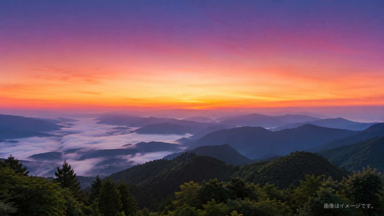 埼玉の秩父エリアをイメージした山並みと広い空、夜明け前から朝焼けに変わるグラデーション