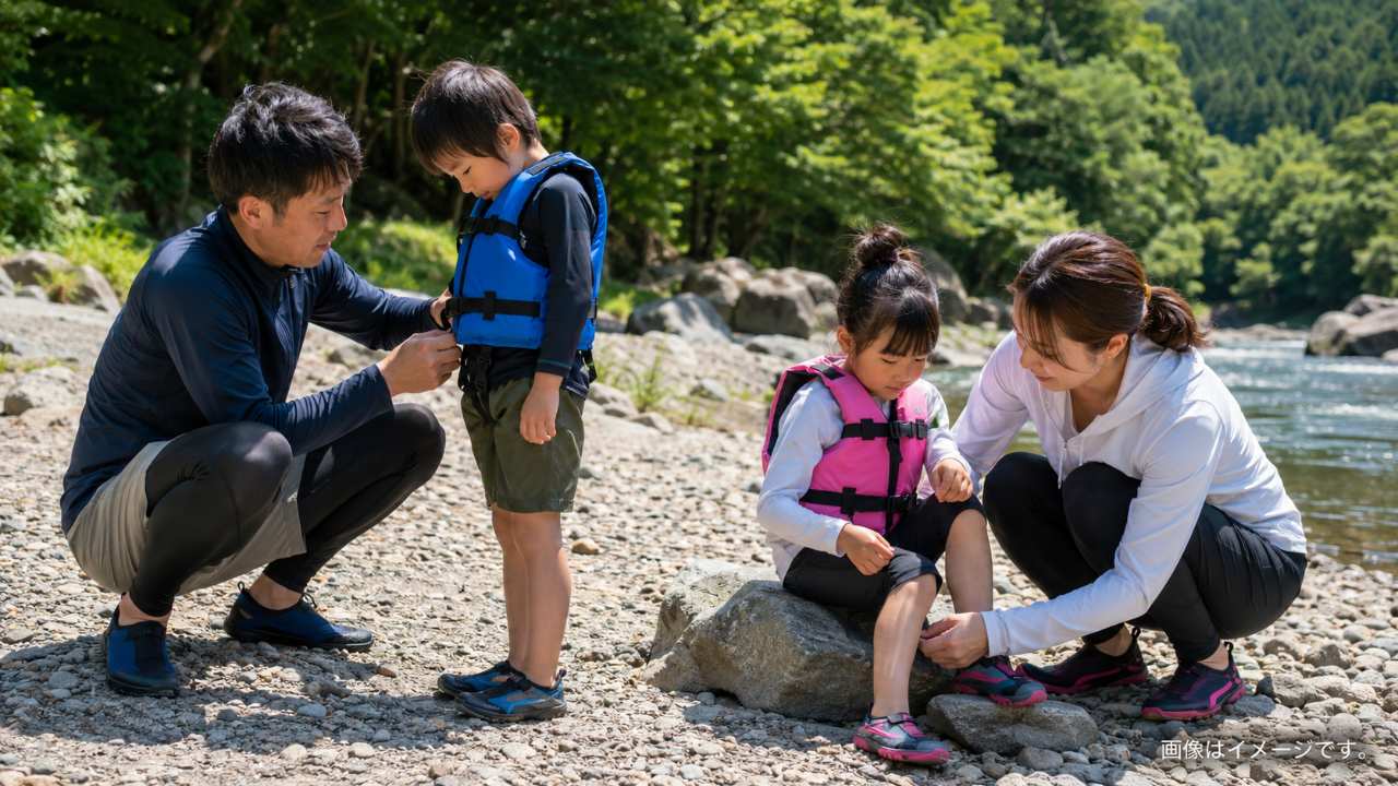高麗川の河原でライフジャケットとウォーターシューズを準備する家族の写真風画像
