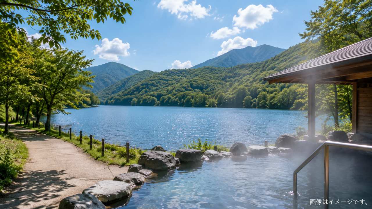 宮沢湖周辺の湖畔散策と日帰り温泉をイメージした実写風画像