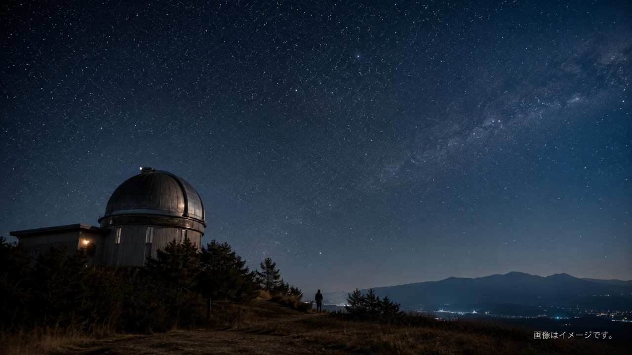 堂平天文台周辺で星空を観賞している様子を表現した実写風画像