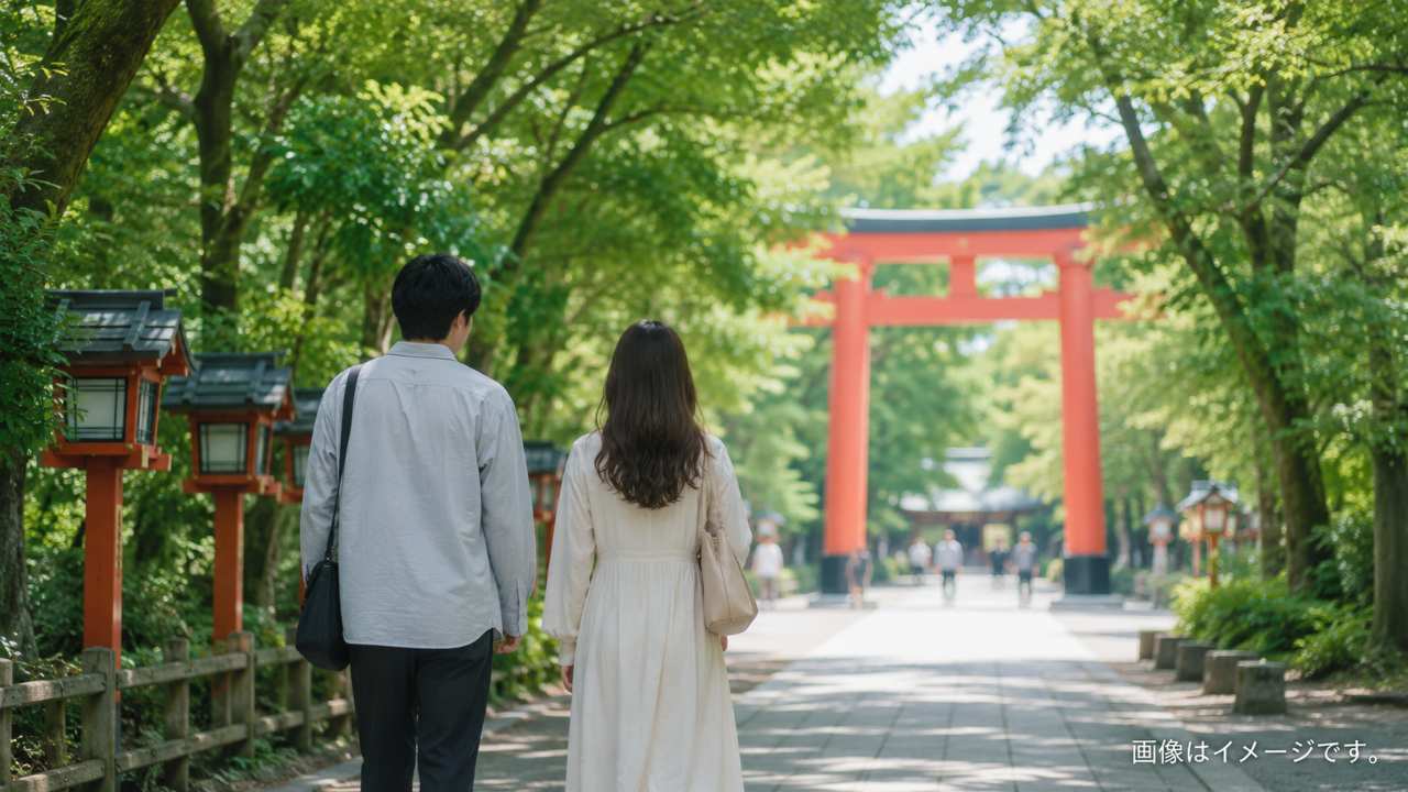 大宮の観光デートをテーマに、緑豊かな氷川参道を歩く若いカップル