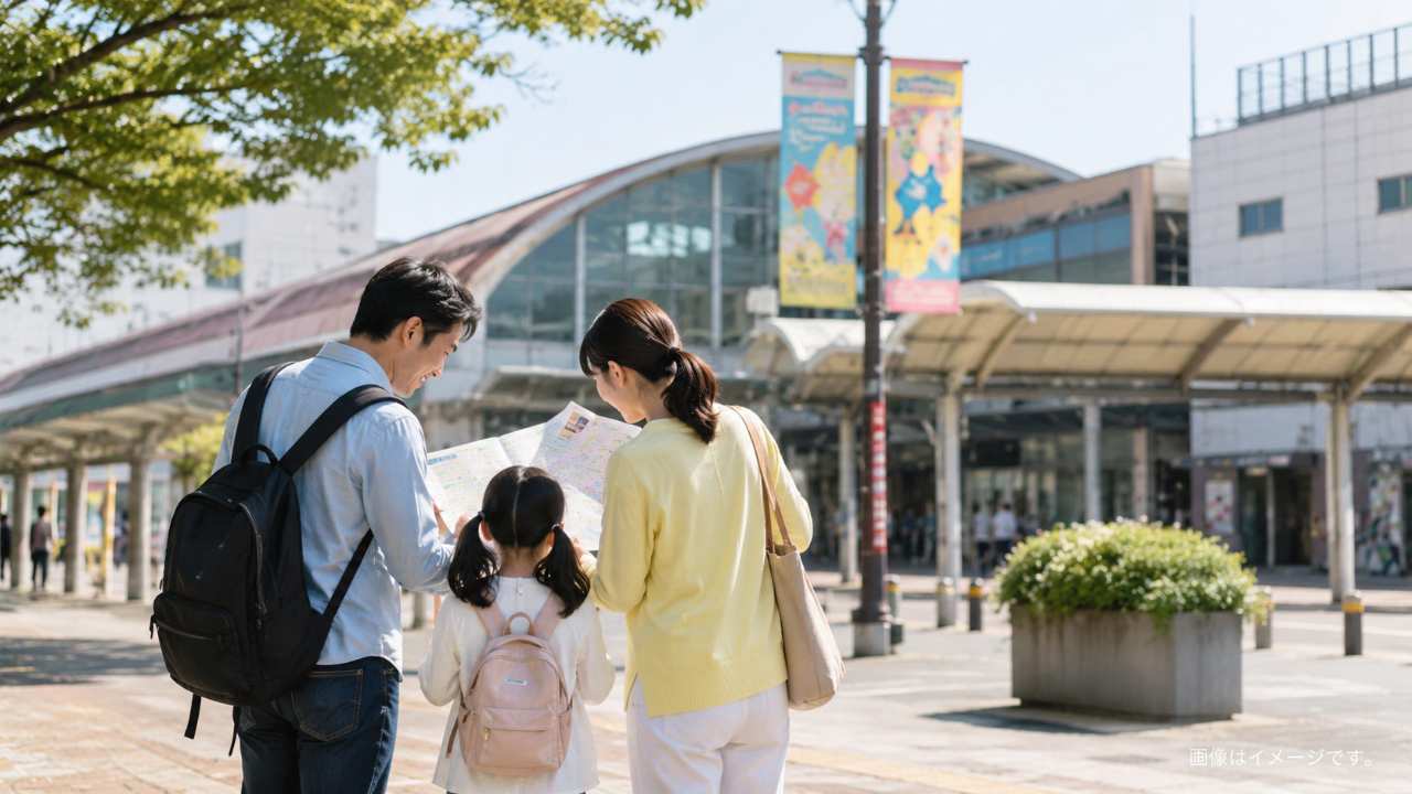 春日部の駅前をイメージした明るい街並み、親子が地図を見ながら楽しく聖地巡礼をしている雰囲気