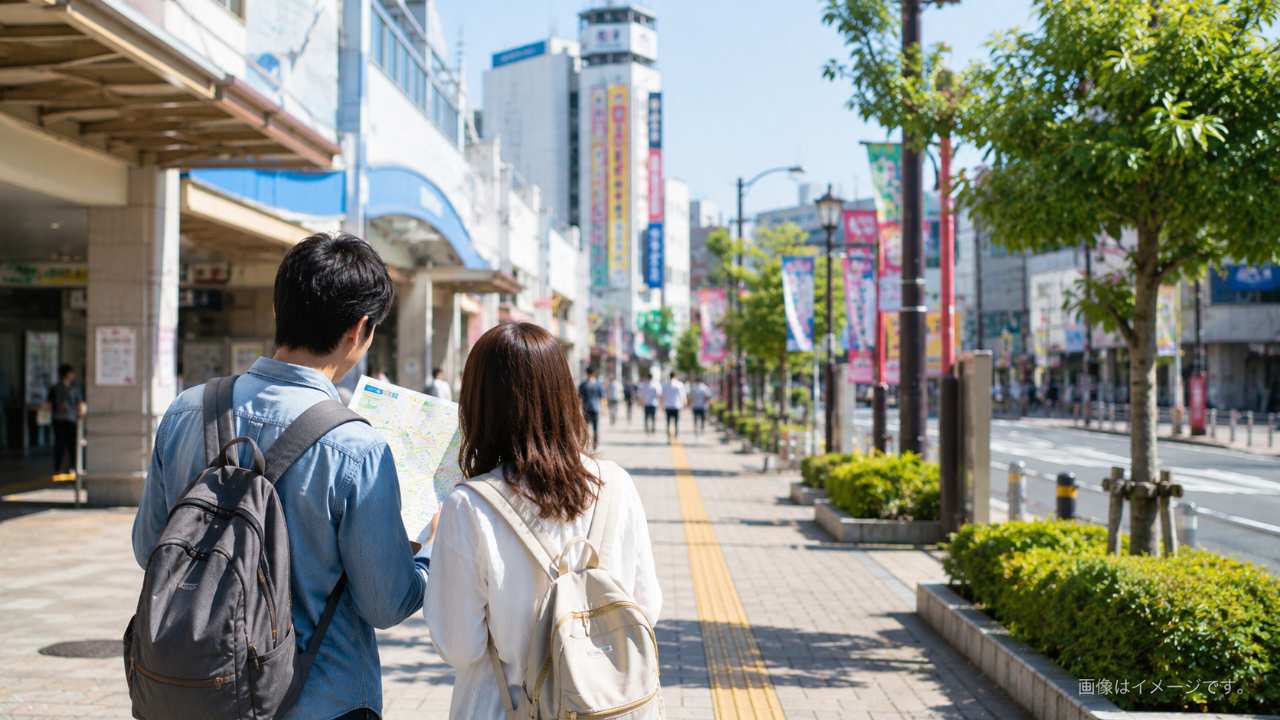 春日部駅周辺を歩く観光客の後ろ姿