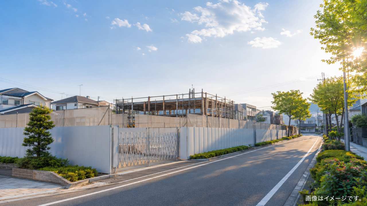川口市上青木の街並みを背景に、かつての温浴施設跡地が新しい商業施設へ生まれ変わる雰囲気