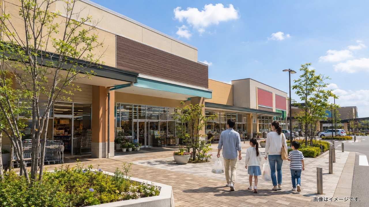 スーパー、ドラッグストア、100円ショップが入る日常型商業施設をイメージした実写風画像