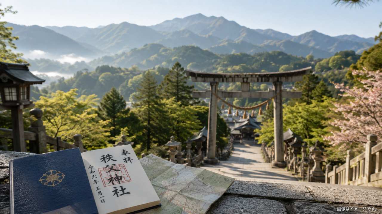 秩父の山並み、神社の鳥居、参道、御朱印帳、旅の地図を自然に配置した写真