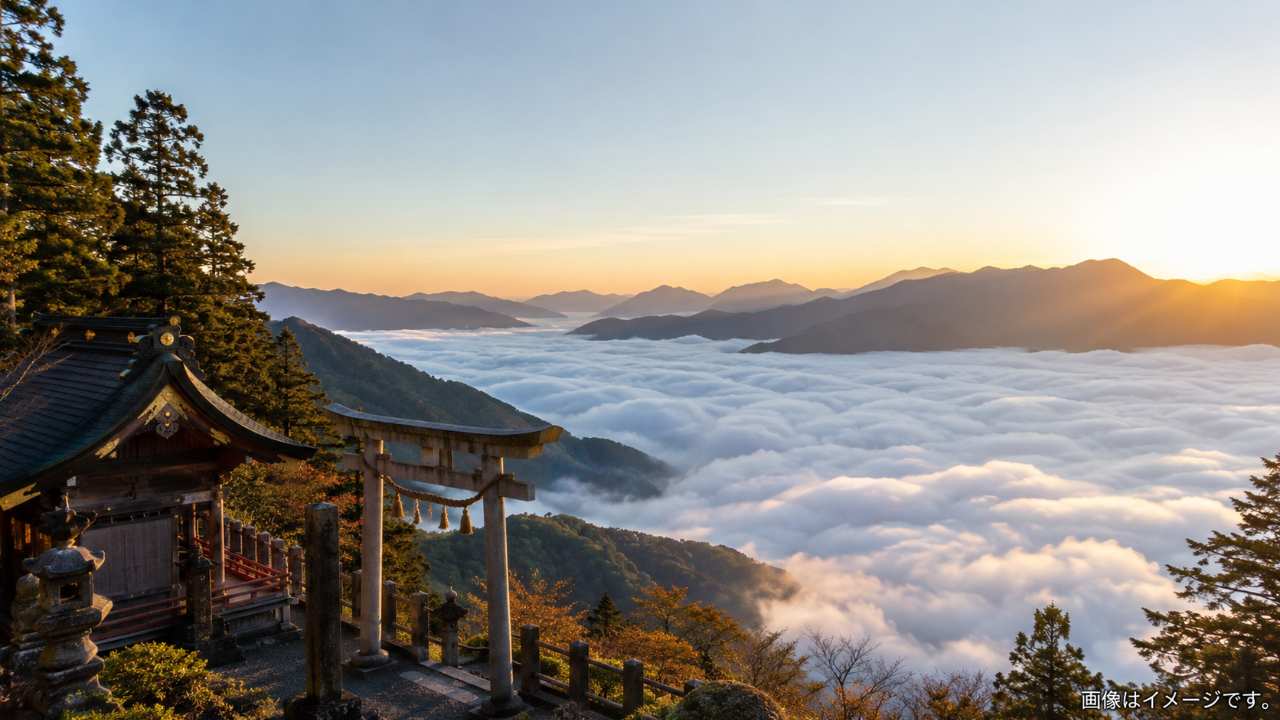 秩父の山奥にある三峯神社をイメージした神聖な早朝風景、眼下に白い雲海が広がり、朝日が淡く山並みを照らしている