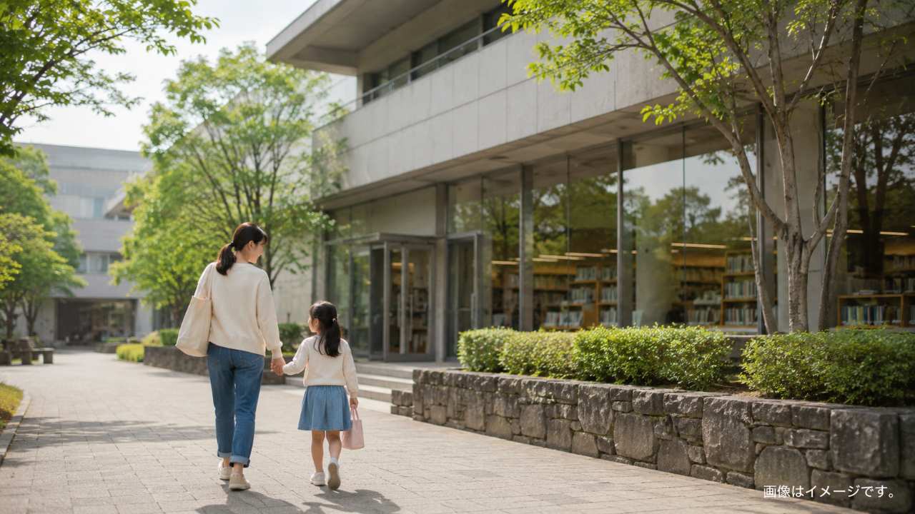 図書館や文化施設の近くを親子が歩くイメージ