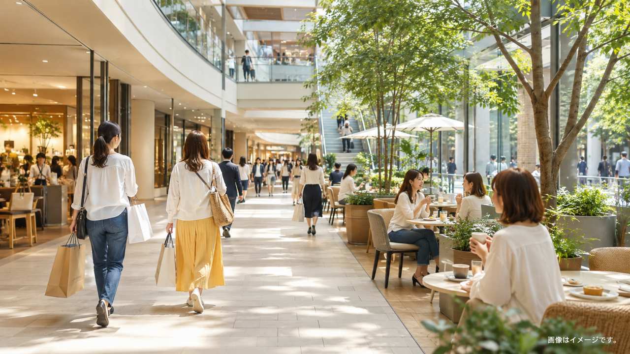 浦和駅近くの商業施設で、買い物やカフェ休憩を楽しむ人々のイメージ