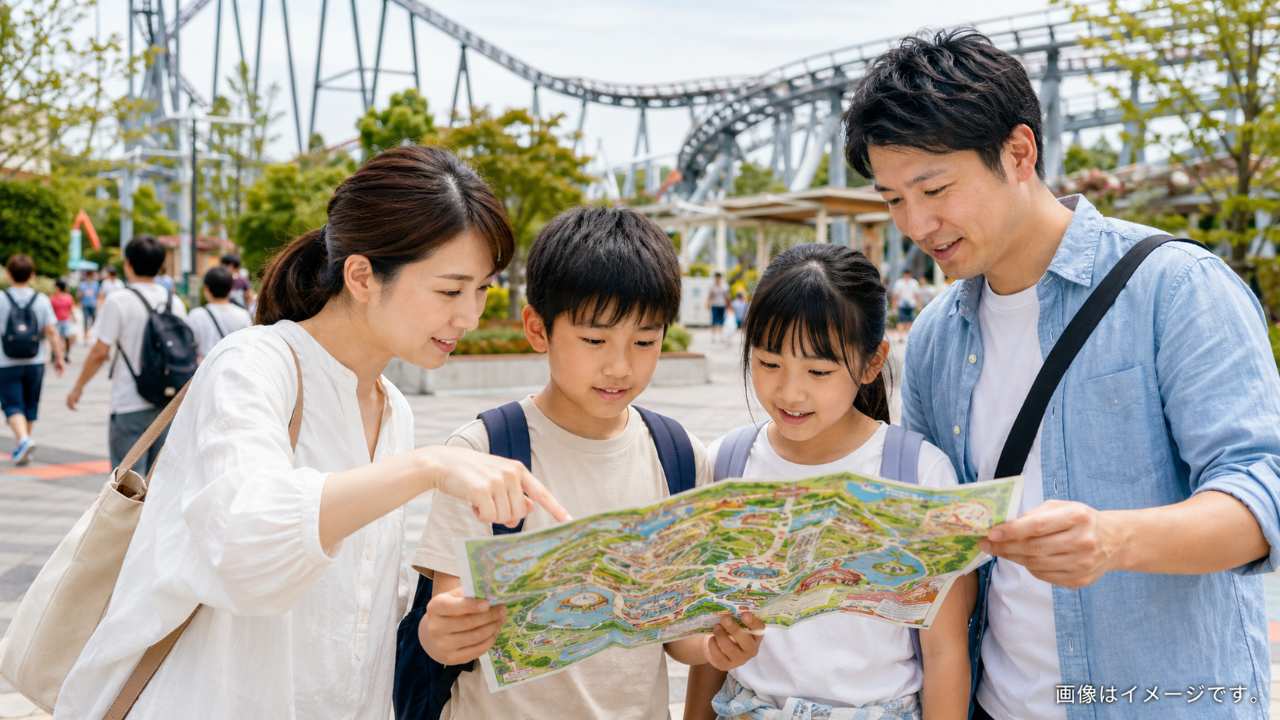 ジェットコースター初心者が乗る順番を考えるブログ用イメージ。遊園地マップを見ながら相談する家族