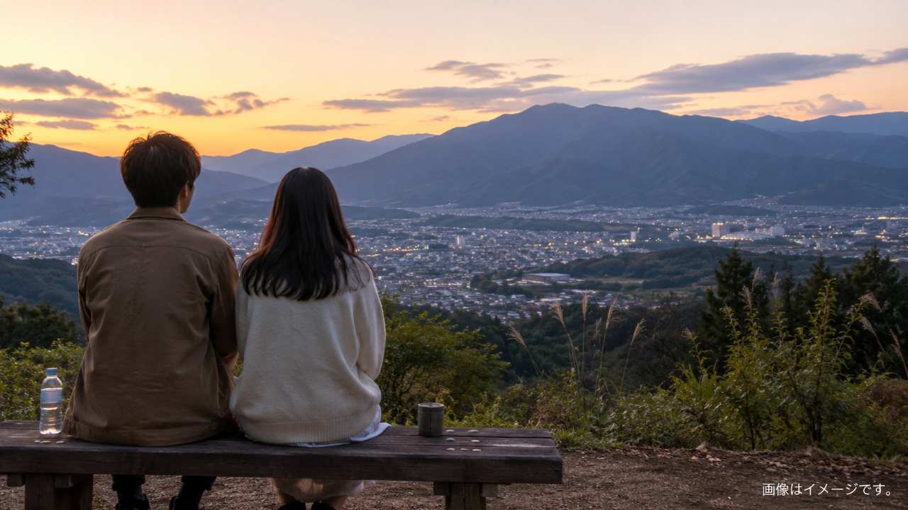 秩父方面の展望スポットをイメージした低予算デート画像。夕方の山並みと街の景色を眺めるカップルの後ろ姿