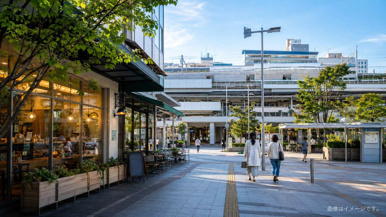大宮駅周辺で時間つぶしを楽しむブログ用アイキャッチ画像。駅前の都会的な雰囲気、カフェ、ショッピング、観光スポットを連想させる明るい構図