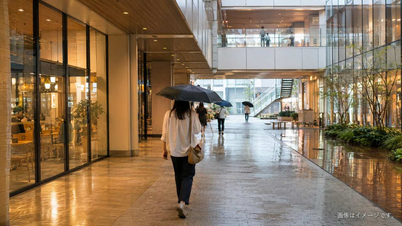 雨の日の大宮で屋内施設を歩きながら時間つぶしをするイメージ