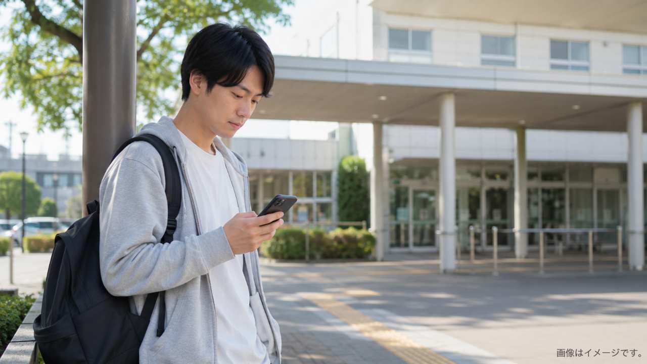 鴻巣免許センターの待ち時間に、スマートフォンで時間を確認しながら駅周辺や施設内