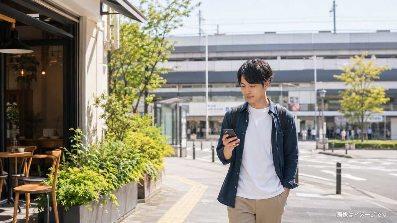 大宮駅周辺で1人の若い大人がスマホを見ながら穏やかに街歩きをしている写真