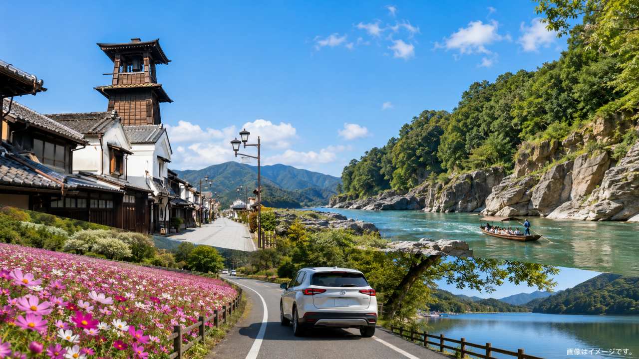 埼玉の日帰りドライブをテーマに、青空の下を走る車、川越の蔵造り風の町並み、長瀞の渓谷、秩父の花畑、飯能の湖畔