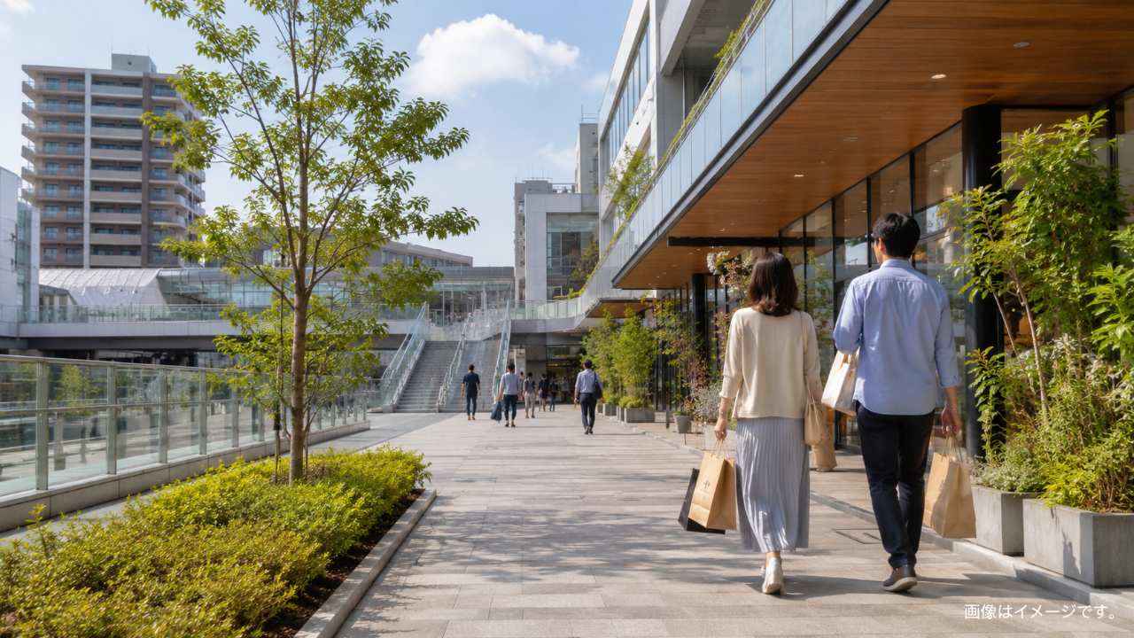 武蔵浦和の駅近ショッピング施設で、買い物袋を持った人がゆっくり歩いている実写風ブログ画像
