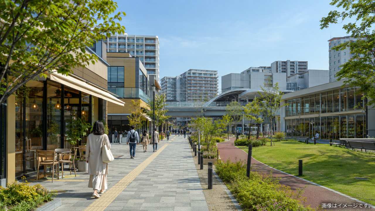 武蔵浦和駅周辺の街並みを背景に、駅近の商業施設、カフェ、図書館、公園散歩の要素が自然に伝わるブログ用アイキャッチ画像