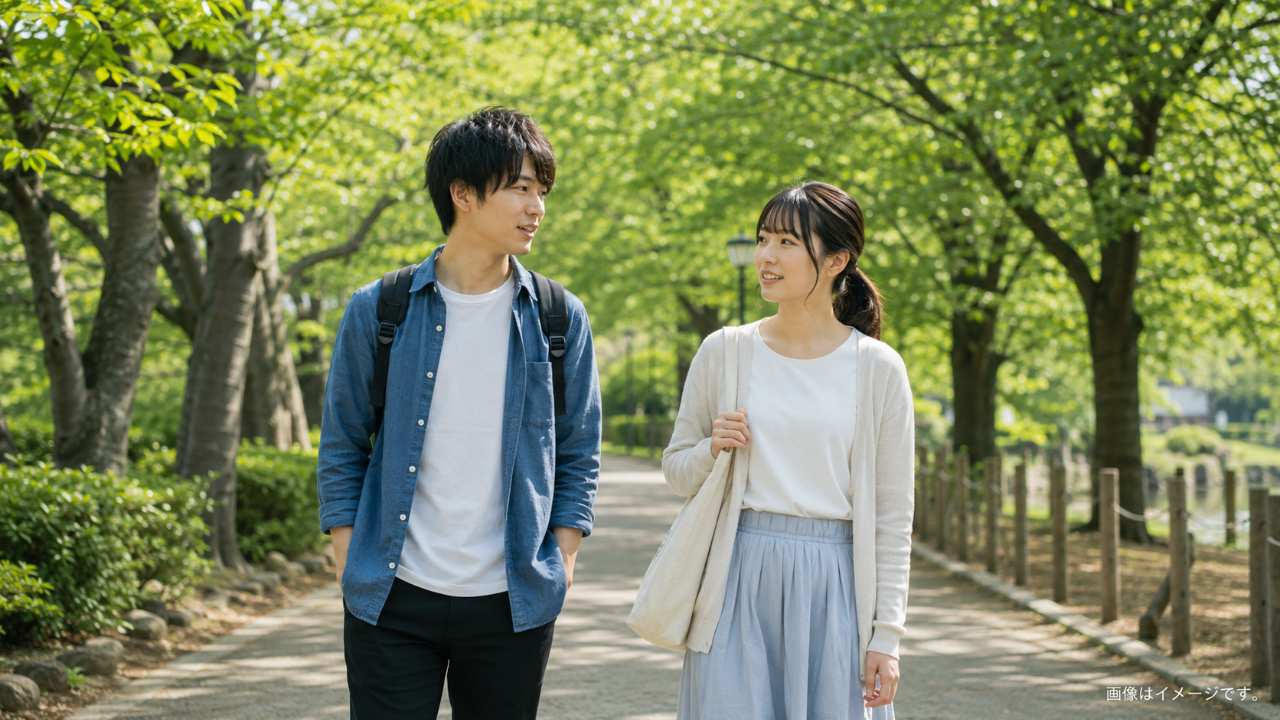大宮公園をイメージした緑の多い散歩道、付き合う前の男女が穏やかに会話しながら歩く