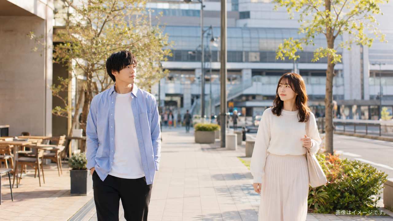 大宮駅周辺をイメージした明るい街並み、付き合う前の男女が少し距離を保ちながら自然に歩いている