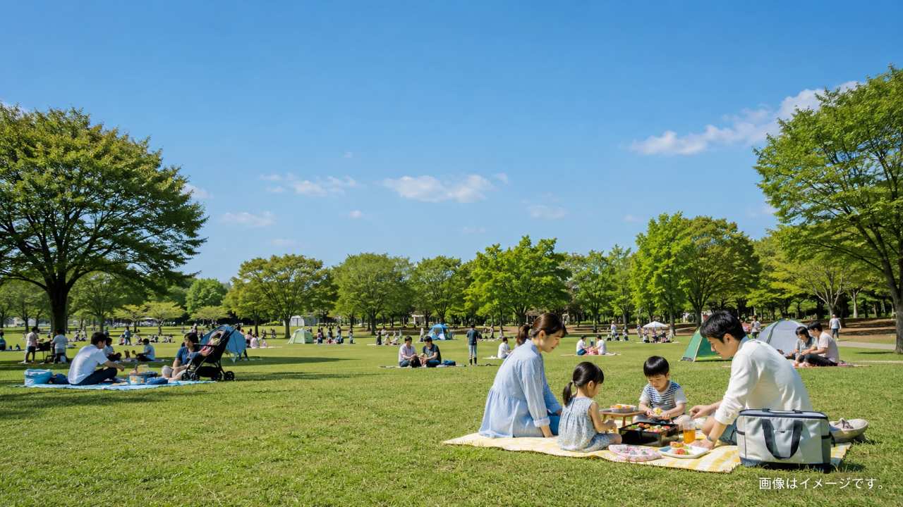 埼玉の広い芝生公園で、家族やカップルがレジャーシートを広げてピクニックを楽しんでいる明るい休日の風景