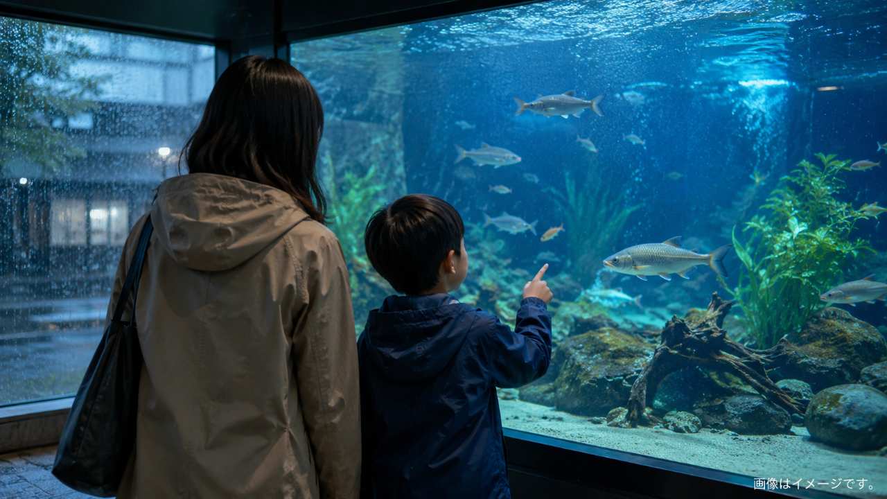 雨の日に水族館で淡水魚を観察する子どものイメージ