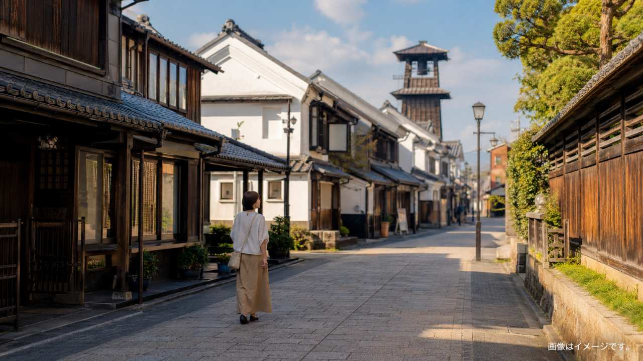 川越のレトロな町並みを1人で散策するイメージ。小江戸らしい瓦屋根、石畳風の道