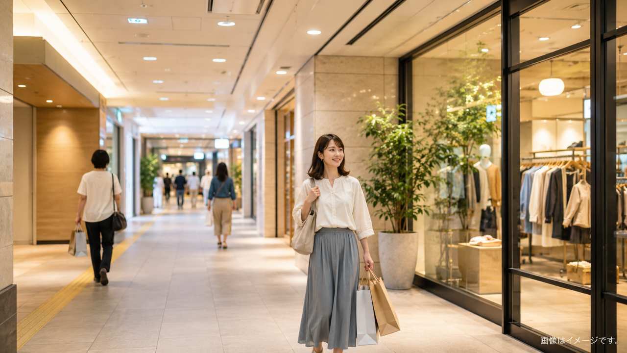 浦和駅近くの商業施設で、買い物袋を持った人がゆったり歩く写真風画像