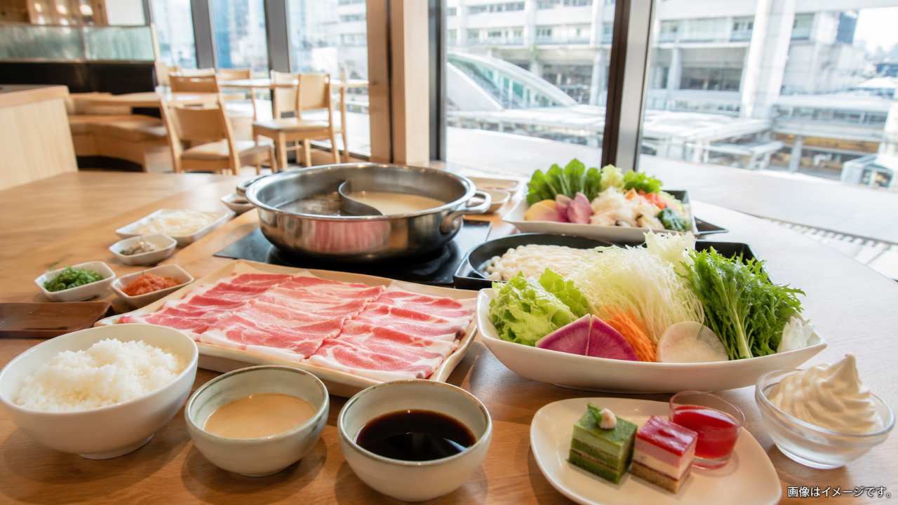 埼玉の駅近レストランで、平日ランチの食べ放題を楽しむテーブル風景。しゃぶしゃぶ鍋、野菜、ご飯、デザートが並ぶ実写風ブログ画像