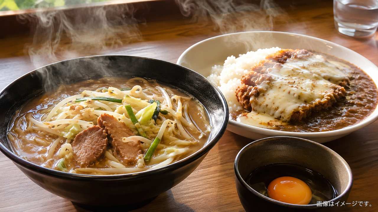 埼玉のスタカレーとスタミナラーメンをイメージした、湯気の立つ丼とご飯ものの料理写真
