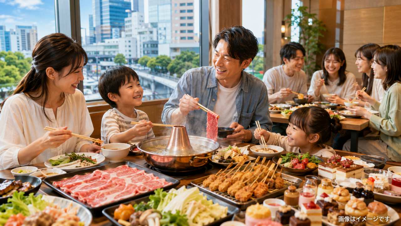 埼玉県の街並みを背景に、しゃぶしゃぶ、串揚げ、スイーツ、ビュッフェ料理がテーブルに並ぶ明るいブログ用アイキャッチ画像