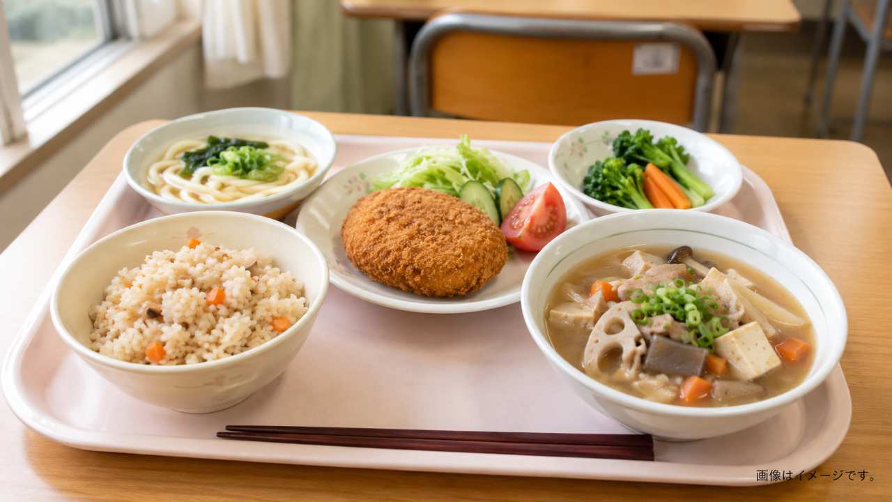 埼玉県の珍しい学校給食をテーマに、ゼリーフライ、具だくさんのつみっこ、かてめし、地粉うどん、地元野菜がバランスよく並んだ給食トレー