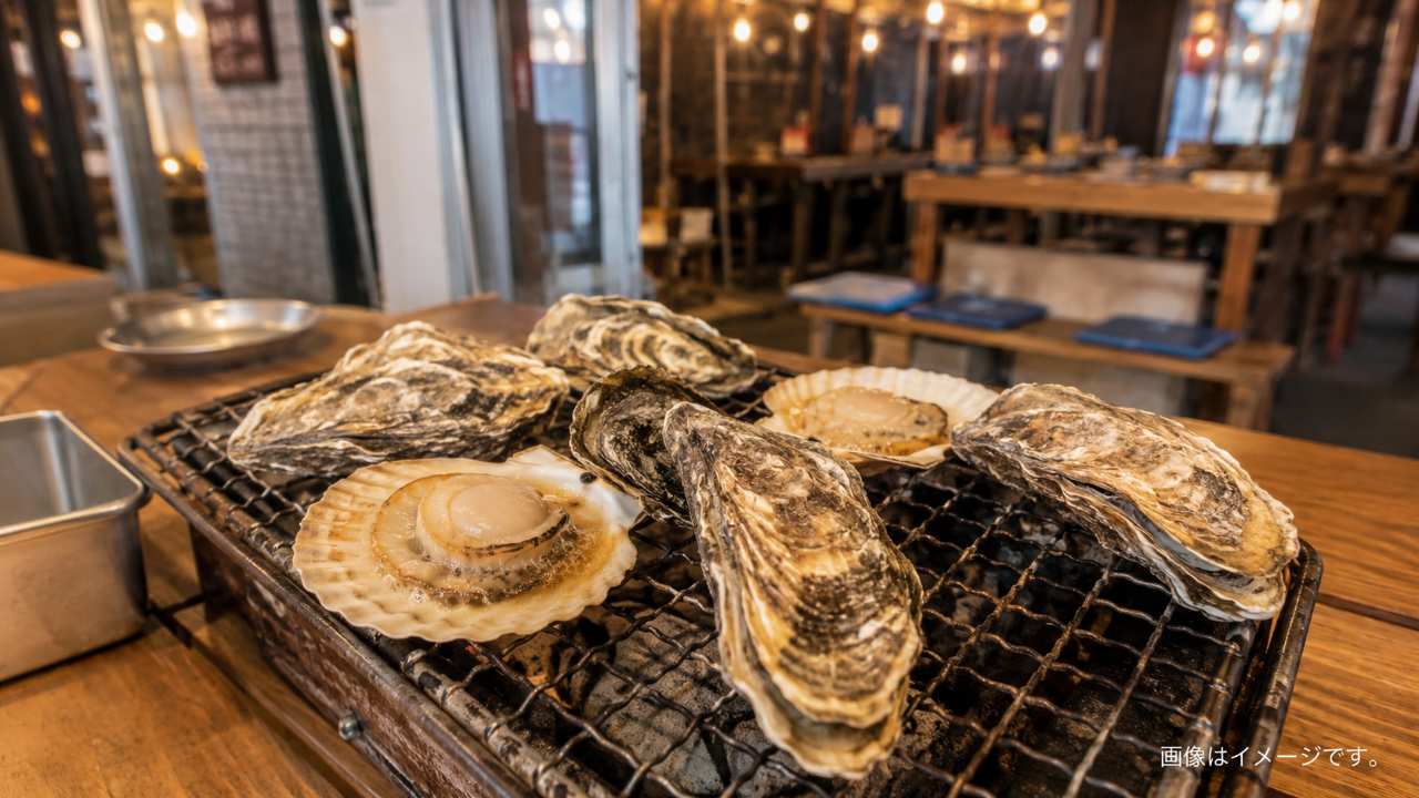 埼玉の牡蠣小屋をイメージした写真風画像。木製テーブルの中央に焼き網があり、殻付き牡蠣とホタテが焼けている