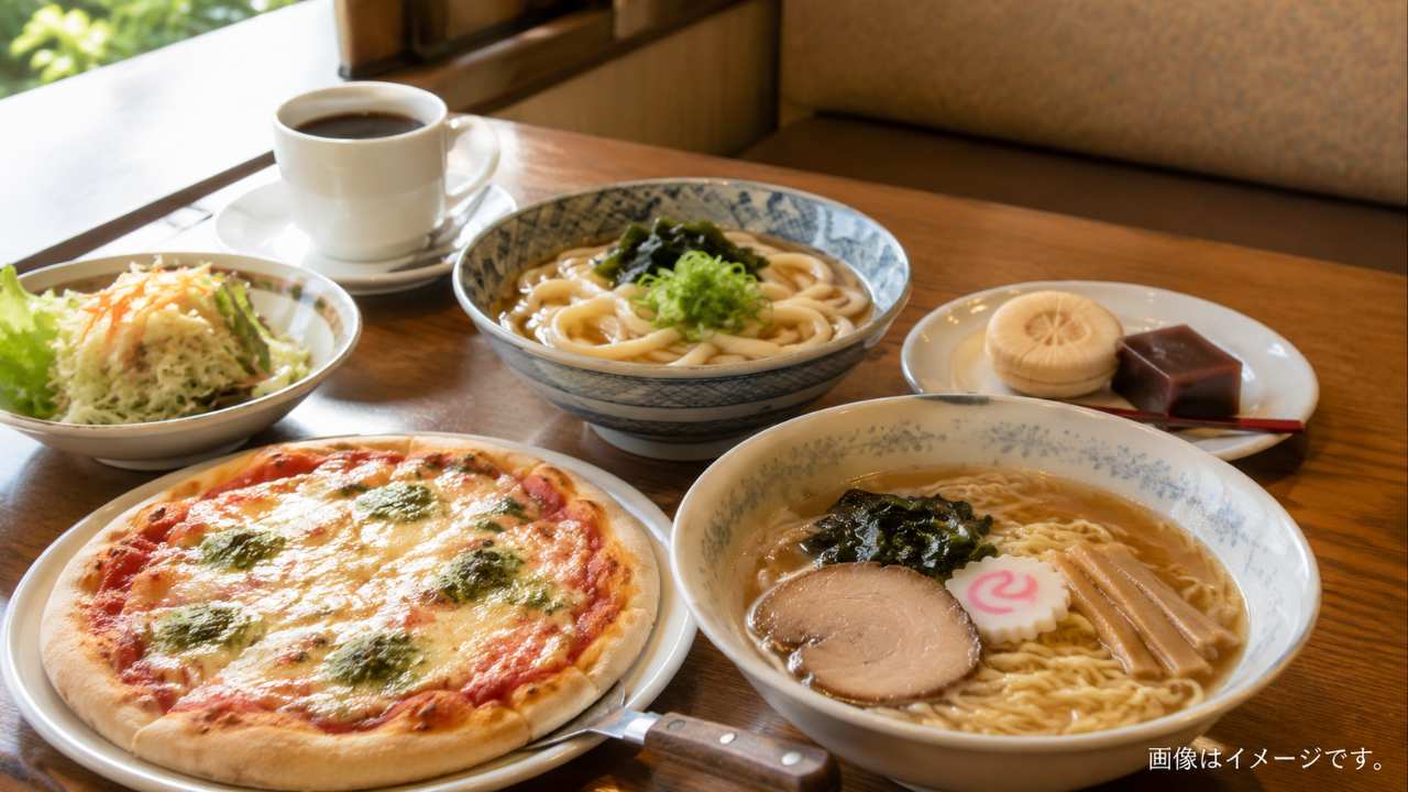 埼玉のローカルグルメ巡りをテーマに、レトロなファミリーレストラン風のテーブルにピザ、うどん、ラーメン、和菓子、コーヒー