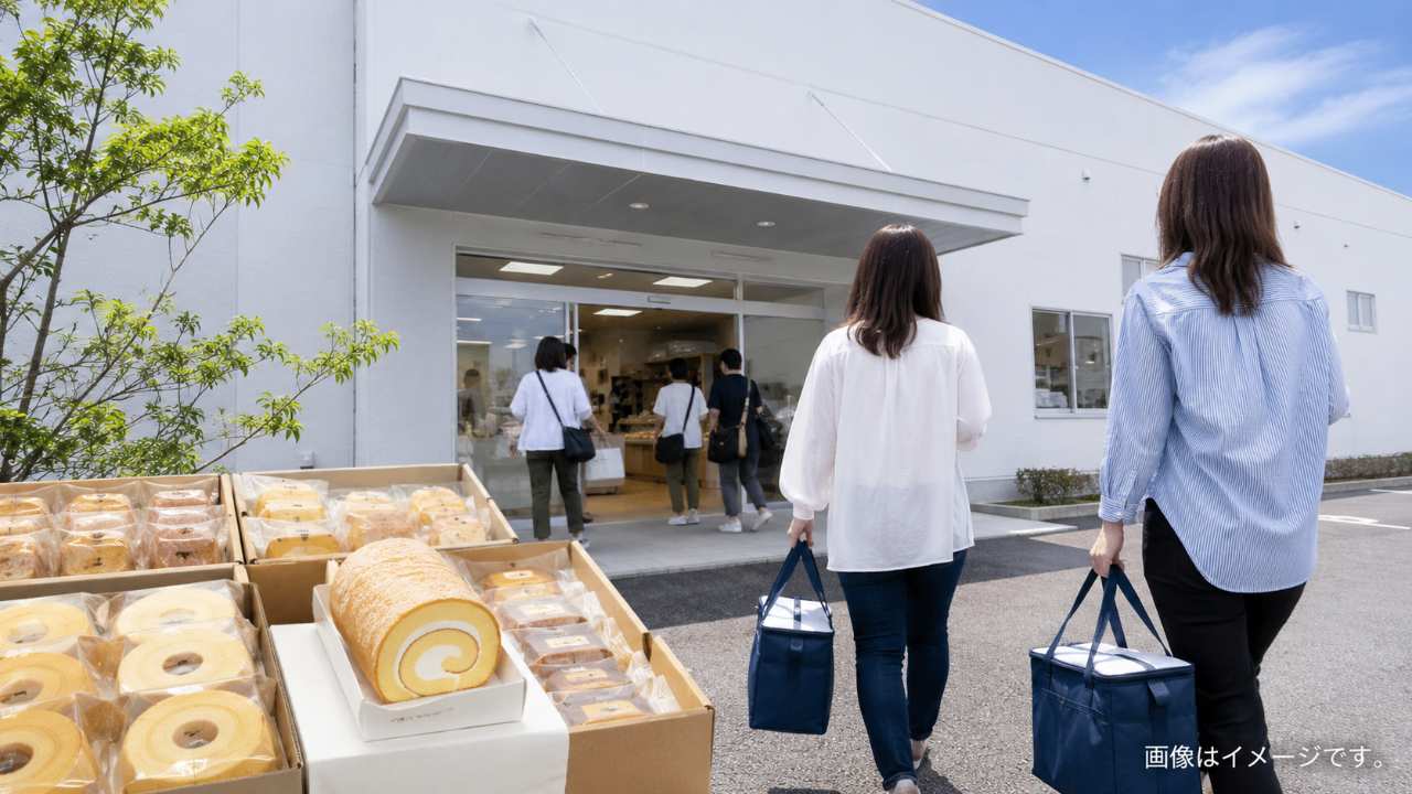 埼玉県加須市の洋菓子工場直売をテーマに、白を基調とした清潔感のある工場外観