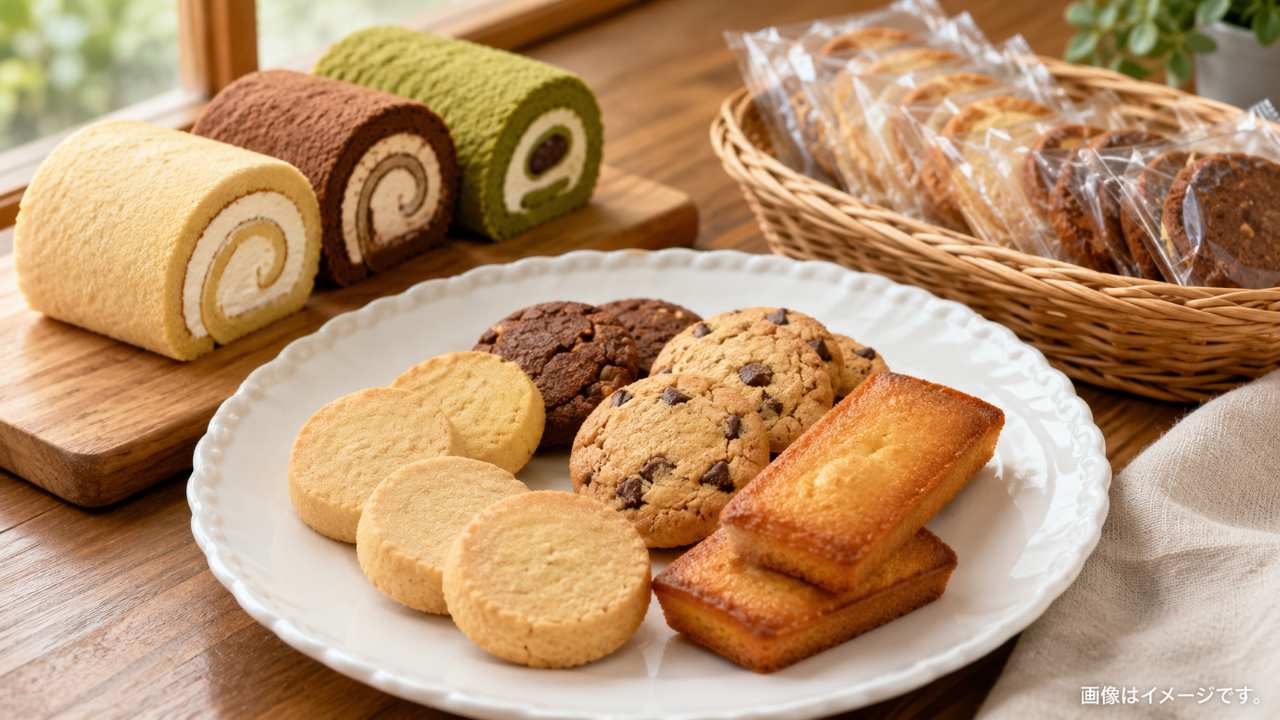 工場直売で購入したクッキー、フィナンシェ、ロールケーキ風スイーツを木目テーブルに並べた写真