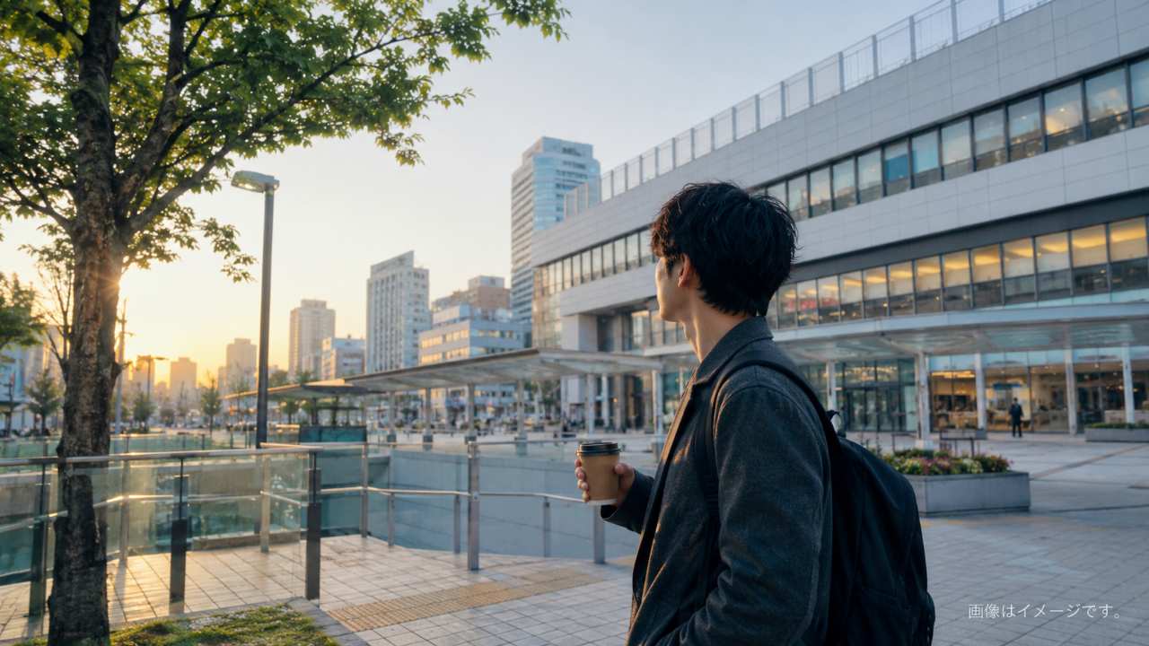 大宮駅周辺の朝をイメージしたブログ用アイキャッチ。早朝のやわらかい光、駅前の雰囲気、コーヒーを持つ人物、散歩や待ち合わせ前の落ち着いた空気感