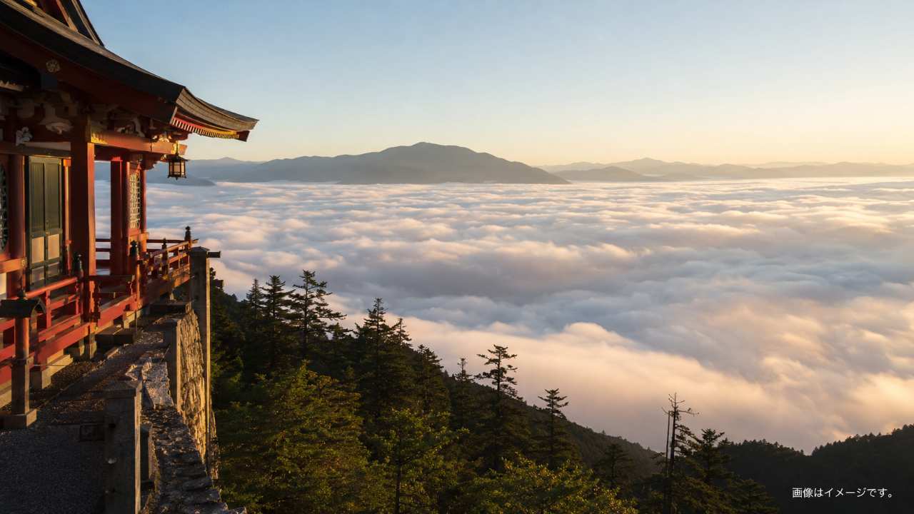 埼玉県秩父市の標高約1100メートルの山上にある三峯神社をイメージした、ブログのアイキャッチに適した横長の実写写真風